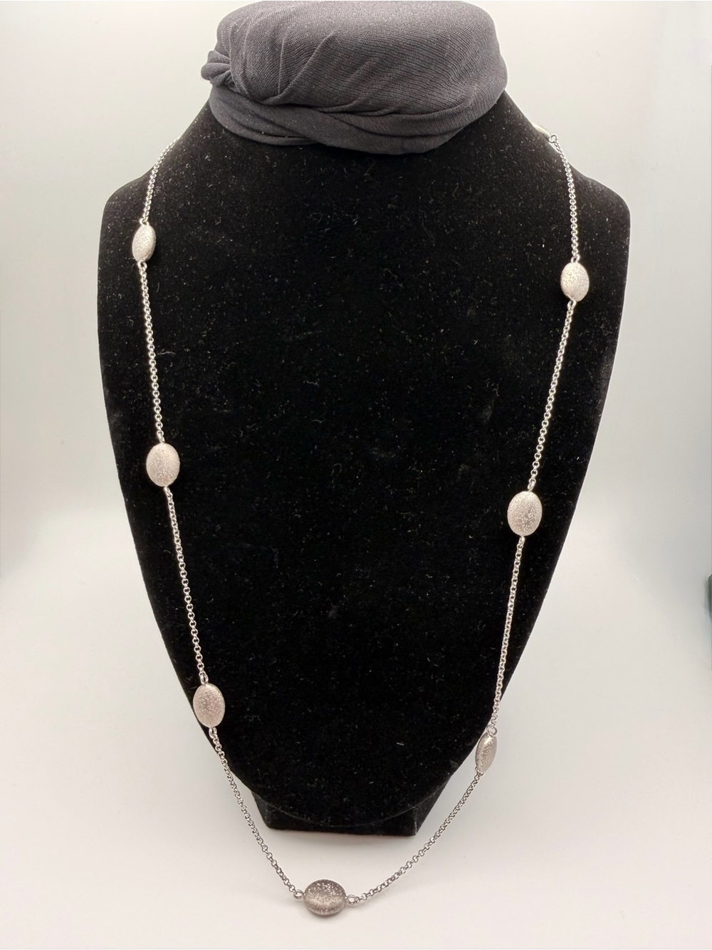 Long Silver 925 Peru Textured Disc Station Necklace